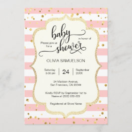Invitación Rayas blancas rosadas cortas Baby Shower negro de 