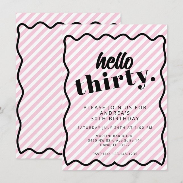 Invitación Rayas blancas rosadas Treinta y Treinta cumpleaños (Anverso / Reverso)