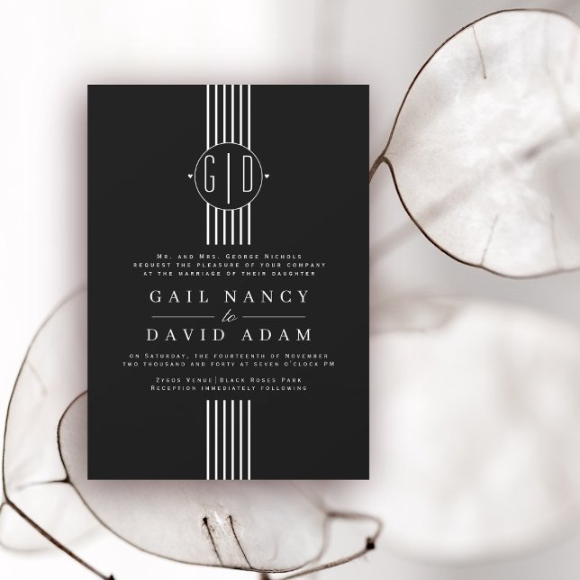 Invitación Rayas blancas y iniciales boda negro (Subido por el creador)