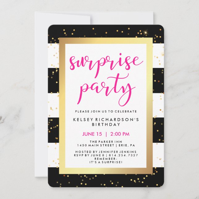 Invitación Rayas blancas y negras con Fiesta de sorpresas de  (Anverso)