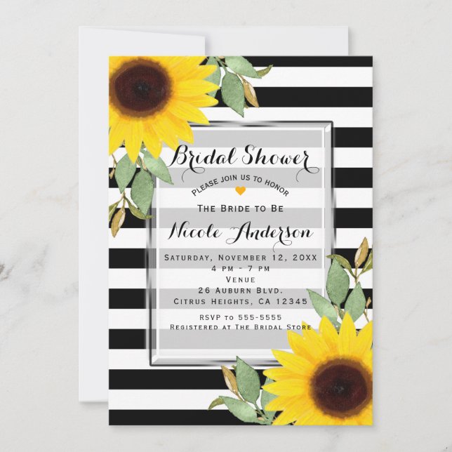 Invitación Rayas Blancas y Negras Esquina Girasoles Floral Ch (Anverso)