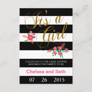 Invitación Rayas blancas y negras Floral rosa Baby Shower