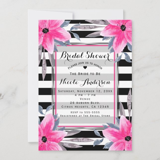 Invitación Rayas blancas y negras Floral rosa Botánico modern (Anverso)
