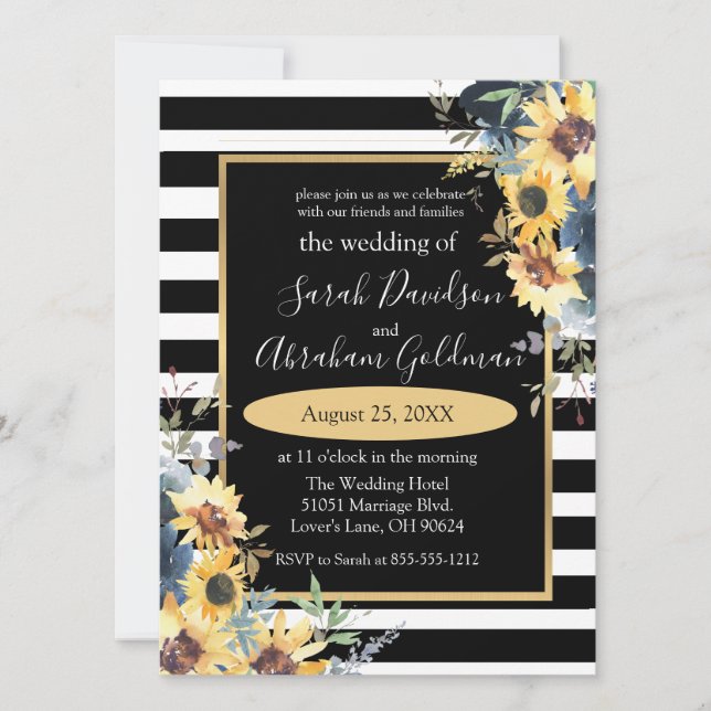 Invitación Rayas blancas y negras Flores giratorias Boda de g (Anverso)