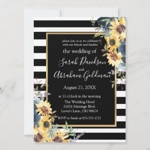 Invitación Rayas blancas y negras Flores giratorias Boda de g