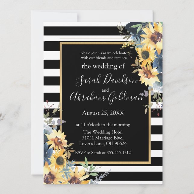 Invitación Rayas blancas y negras Flores giratorias Boda de g (Anverso)