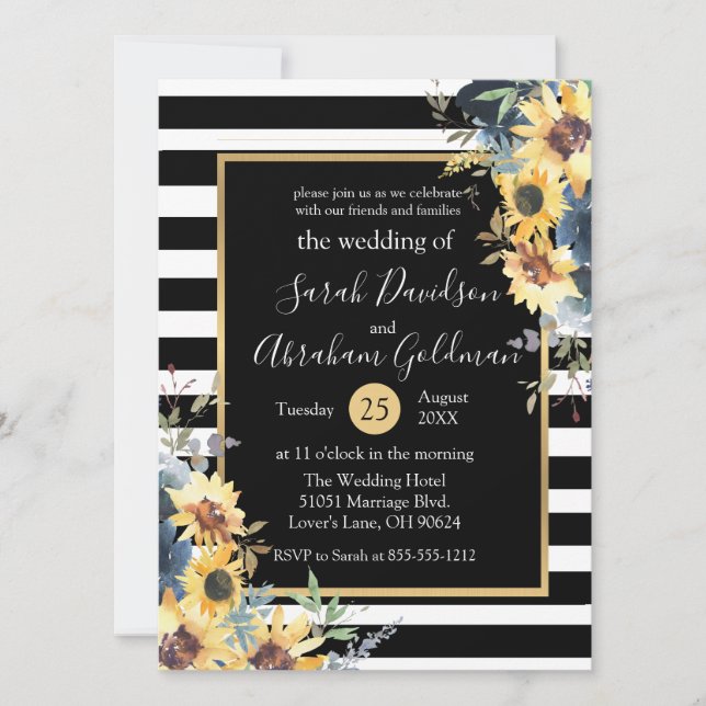 Invitación Rayas blancas y negras Flores giratorias Boda de g (Anverso)