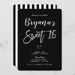 Invitación Rayas blancas y negras Moda de corazón plateado 16
