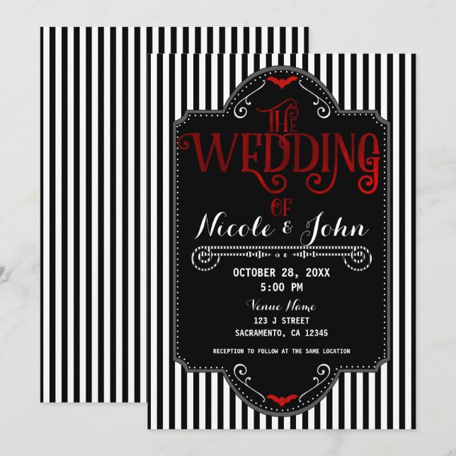 Invitación Rayas Blancas y Negras Murciélago Gótico Rojo Boda (Anverso / Reverso)