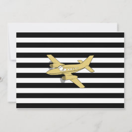 Invitación Rayas blancas y negras y avión dorado 