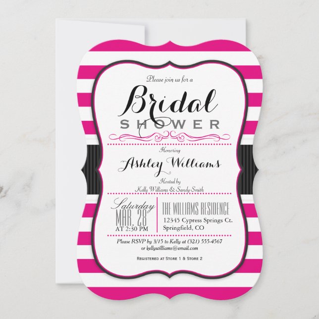 Invitación Rayas blancas y rosadas calientes; ducha de novia  (Anverso)