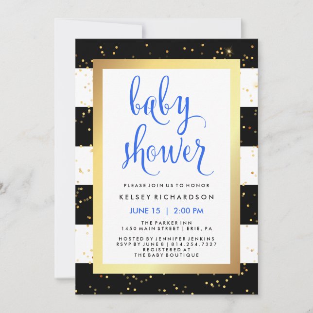 Invitación Rayas blancos y negros Baby Shower del oro con el (Anverso)