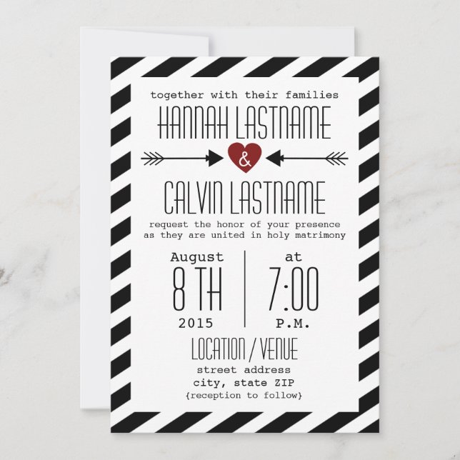 Invitación Rayas Bodas blancas y negras - Corazón rojo + Flec (Anverso)