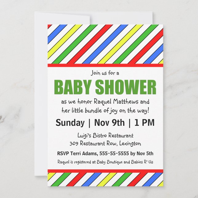 Invitación Rayas brillantes Colores primarios Baby Shower (Anverso)