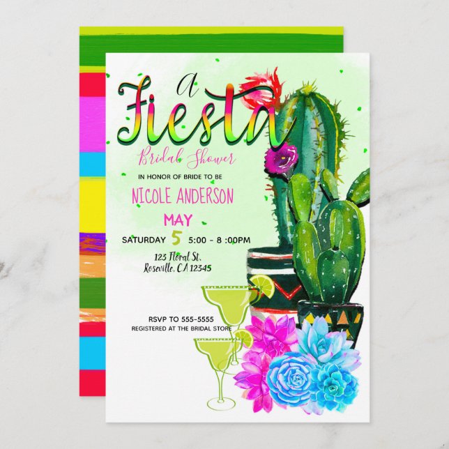 Invitación Rayas brillantes Fiesta Suculentas Ducha Bridal (Anverso / Reverso)
