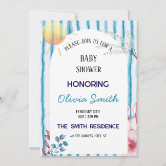 Invitación Rayas de Acuarela Azul Fiesta de Bebé Costera Boho
