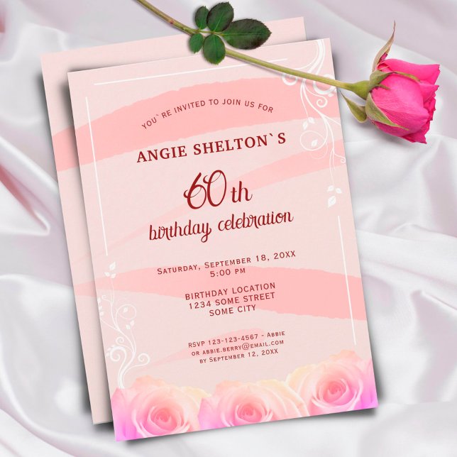 Invitación Rayas de Acuarela Floral Rosa Rosa Cumpleaños 60 (Subido por el creador)