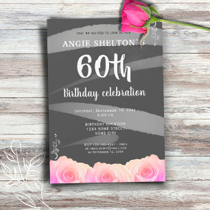 Invitación Rayas de Acuarela Floral Rosa Rosa Cumpleaños 60