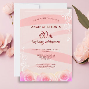 Invitación Rayas de Acuarela Floral Rosa Rosa para 80 Cumplea