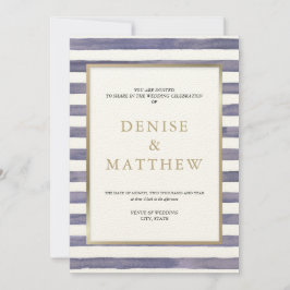 Invitación Rayas de acuarela gris y lavanda con letras dorada