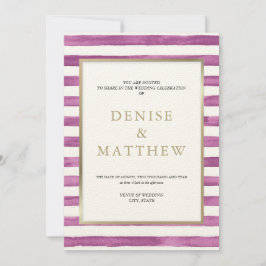 Invitación Rayas de acuarela púrpura de Dalia y letras dorada