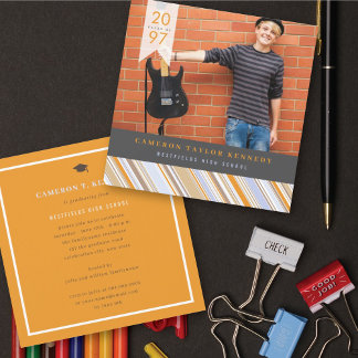 Invitación Rayas de Alfiler Naranja Elegante Fiesta de Gradua