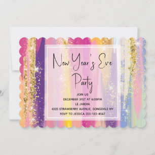 Invitación Rayas de arcoíris con brillo dorado Nochevieja