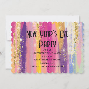 Invitación Rayas de arcoíris con brillo dorado Nochevieja