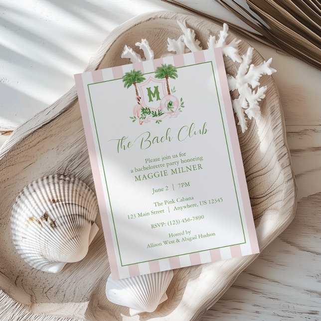 Invitación Rayas de Cabaña Palm Beach Cresta Monograma (Subido por el creador)