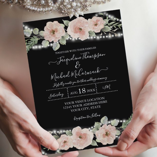 Invitación Rayas de cadena acuarela Rosa floral Boda negro (Subido por el creador)