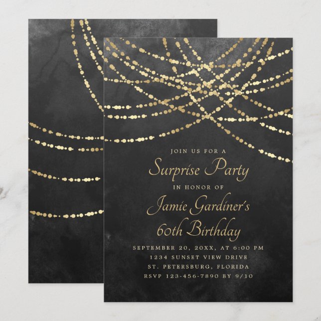 Invitación Rayas de cadena Cumpleaños de Oro Negro (Anverso / Reverso)