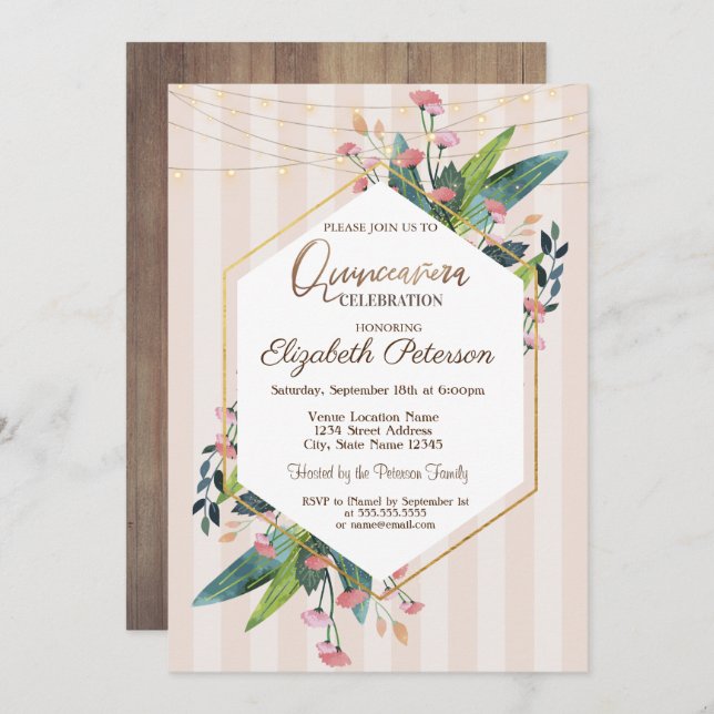 Invitación Rayas de cadena Floral Bandas de madera Quinceañer (Anverso / Reverso)