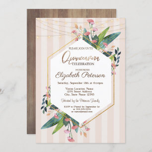 Invitación Rayas de cadena Floral Bandas de madera Quinceañer