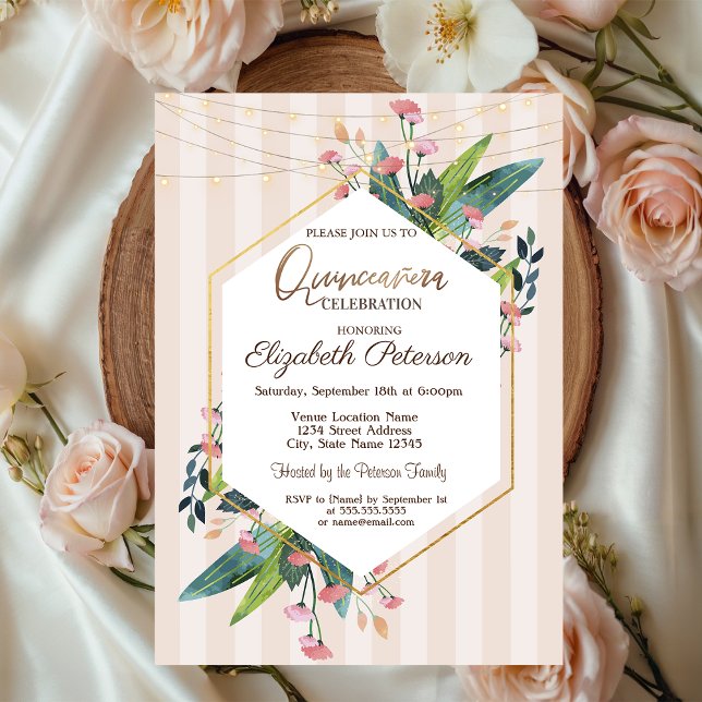 Invitación Rayas de cadena Floral Bandas de madera Quinceañer (Subido por el creador)