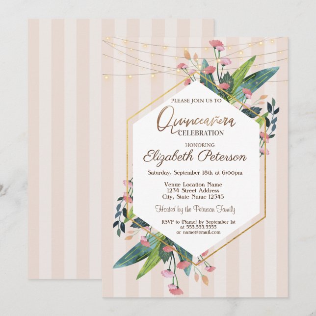 Invitación Rayas de cadena Floral Striped Quinceañera (Anverso / Reverso)