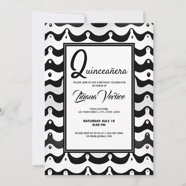 Invitación Rayas de cebra onduladas en blanco y negro (Anverso)