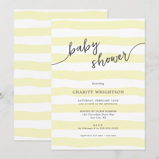 Invitación Rayas de color amarillo simple Baby Shower (Anverso / Reverso)