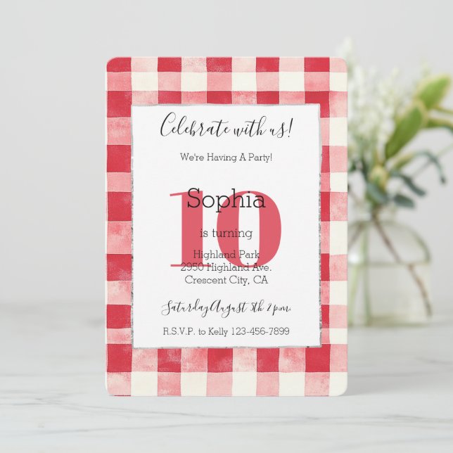 Invitación Rayas de Cuadro Rojo Cumpleaños 10 (Anverso de pie)