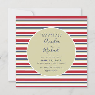 Invitación Rayas de Navidad beige rojo azul marino vintage bo