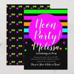 Invitación Rayas de neón Fiesta de locos con brillo de neón e