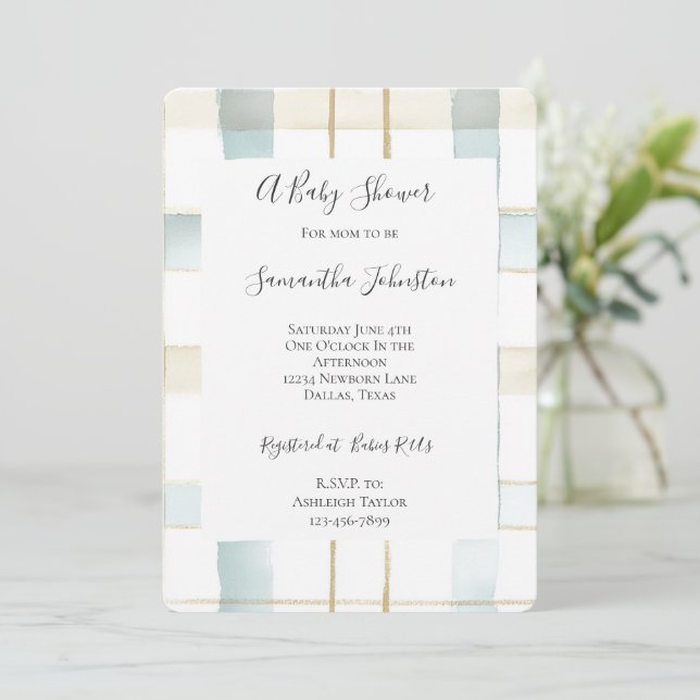 Invitación Rayas de plástico blanco azul crema Baby Shower (Anverso de pie)