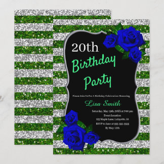 Invitación Rayas de plata verde Purpurina Rosas azul profundo