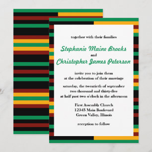 Invitación Rayas de tela Kente verdes, rojo oscuro y amarilla