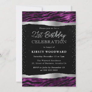 Invitación Rayas de Tigre con Brillo Purpura y Negro Cumpleañ