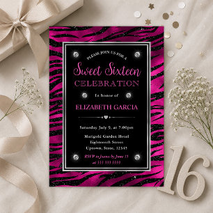 Invitación Rayas de Tigre con Brillo Rosa y Negro Cumple Dulc