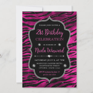 Invitación Rayas de Tigre con Brillo Rosa y Negro Cumpleaños 
