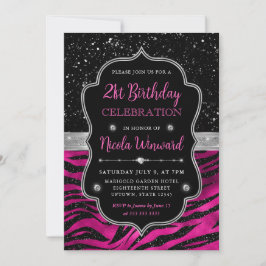 Invitación Rayas de tigre de purpurina rosa y negra Cumpleaño
