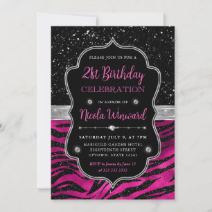 Invitación Rayas de tigre de purpurina rosa y negra Cumpleaño