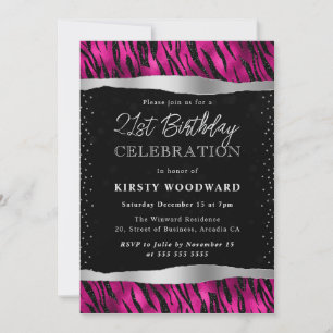 Invitación Rayas de tigre de purpurina rosa y negra Cumpleaño