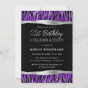 Invitación Rayas de tigre púrpura y negro Cumpleaños 21
